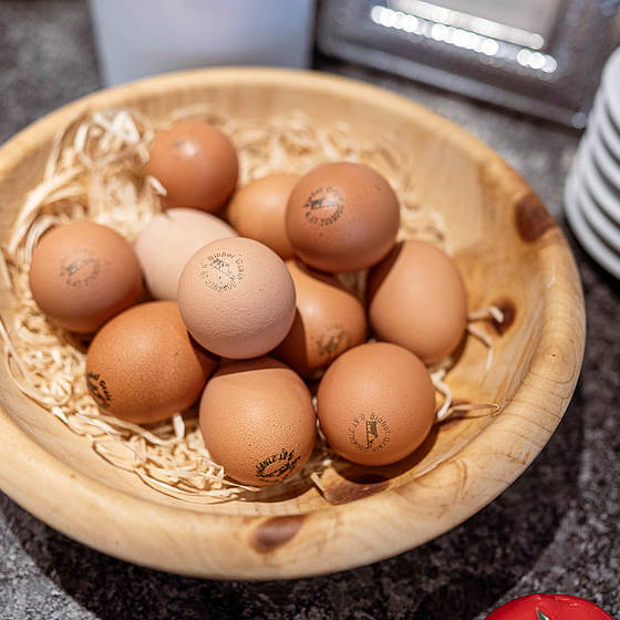 Eier mit gemalten Gesicht am Frühstücksbuffet.